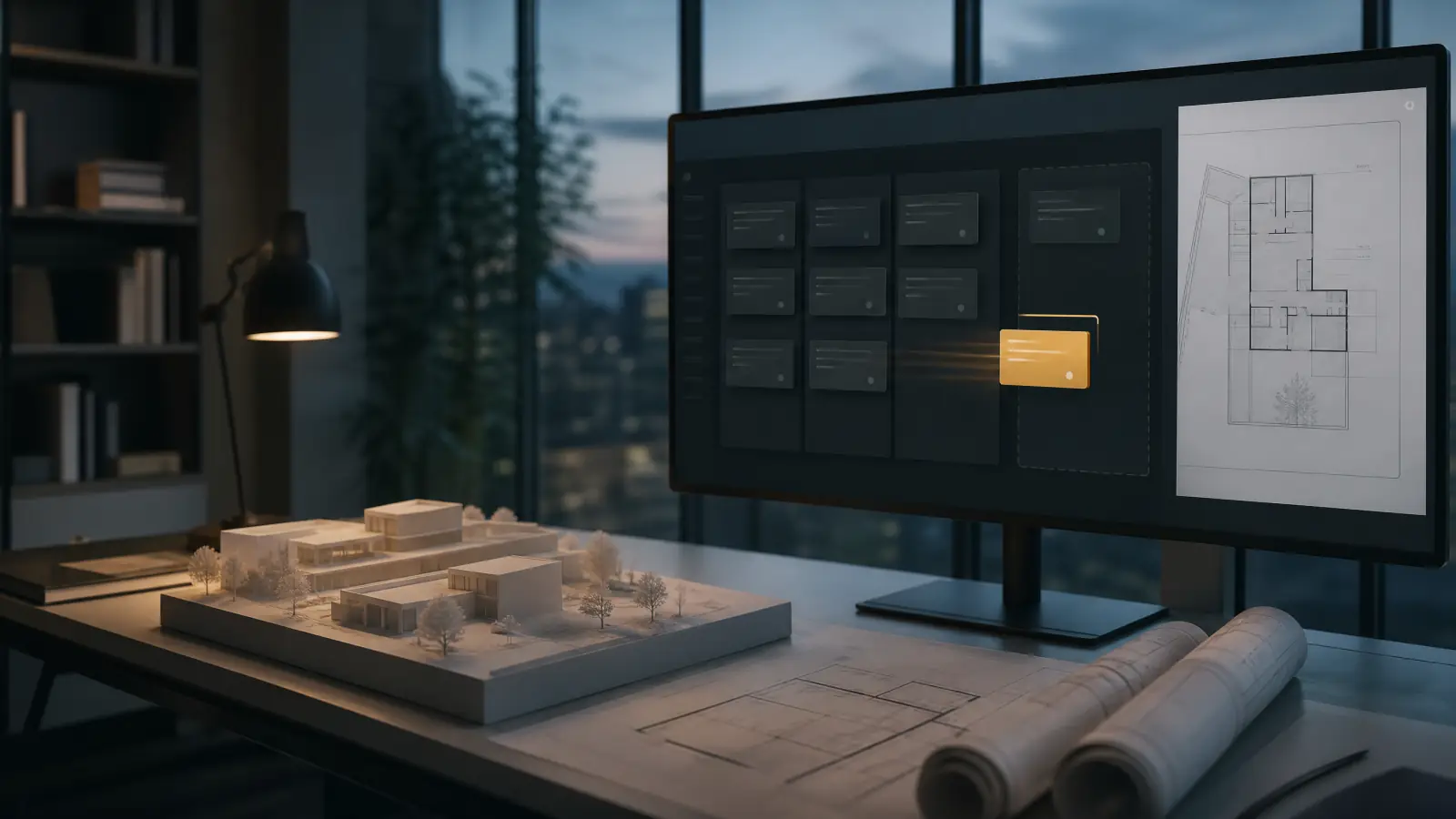 Screen showing a kanban board next to an architectural model