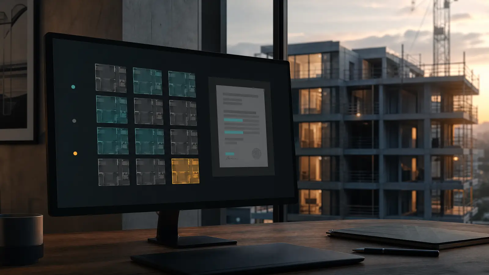 Screen showing a grid of residential units, a new building at dusk behind it