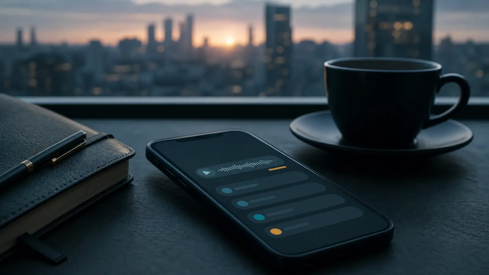 Smartphone showing a chat with a voice message next to a notebook and a coffee cup