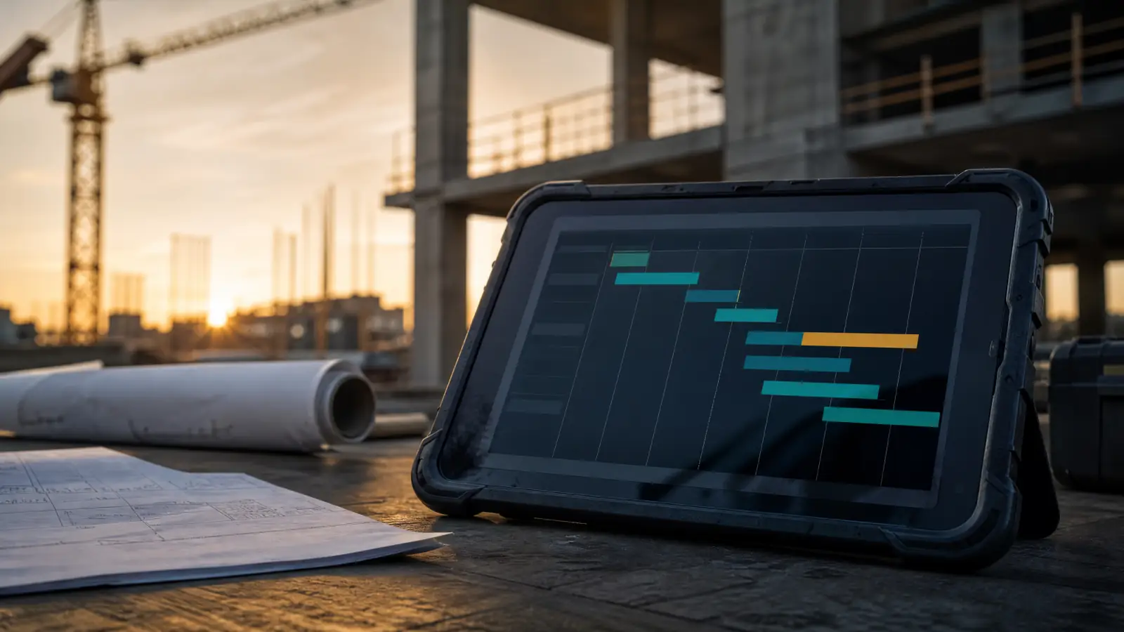 Rugged tablet showing a construction schedule on a building site at sunset