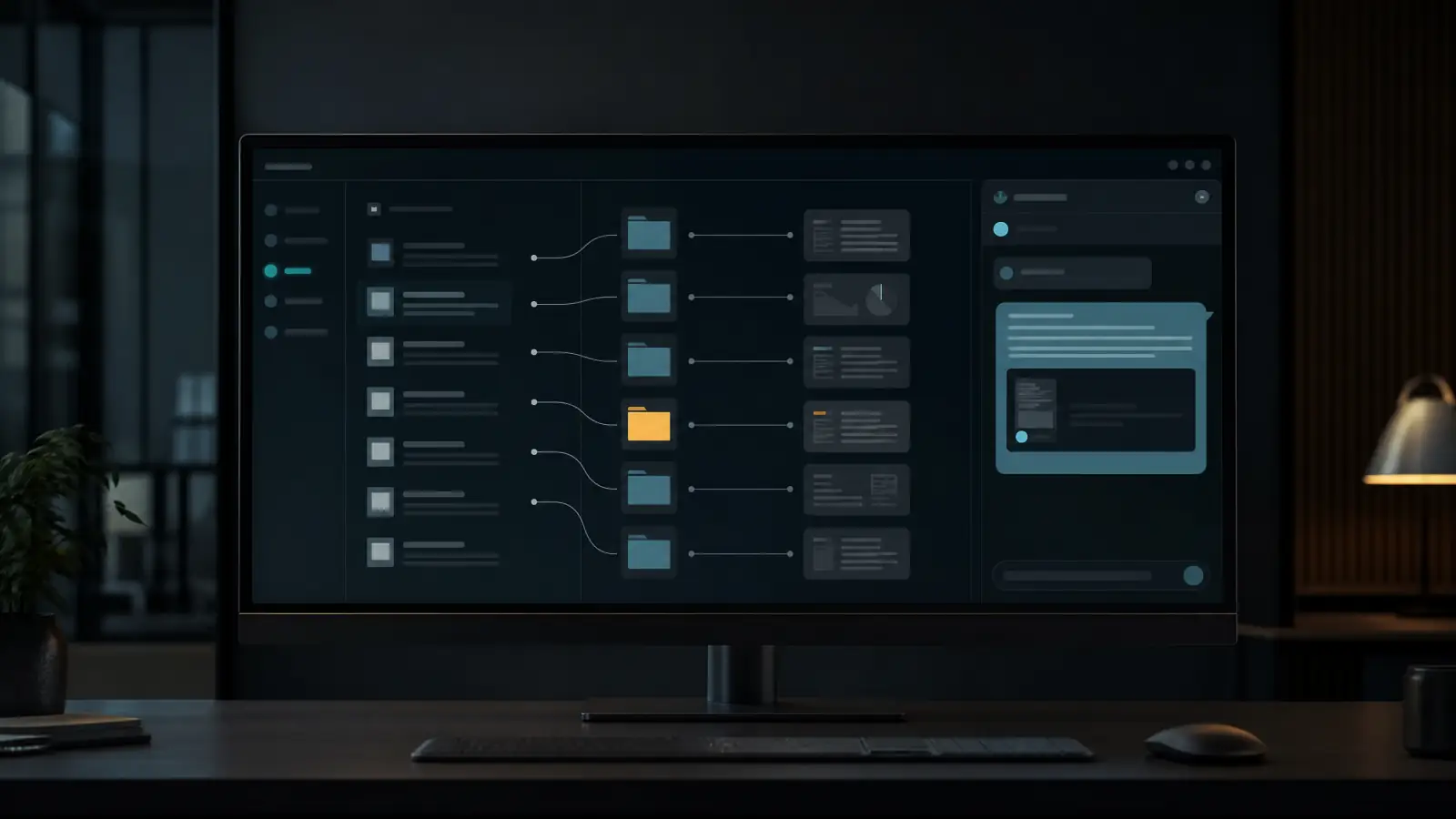 Screen showing an inbox sorting itself into folders and a chat answer with a source