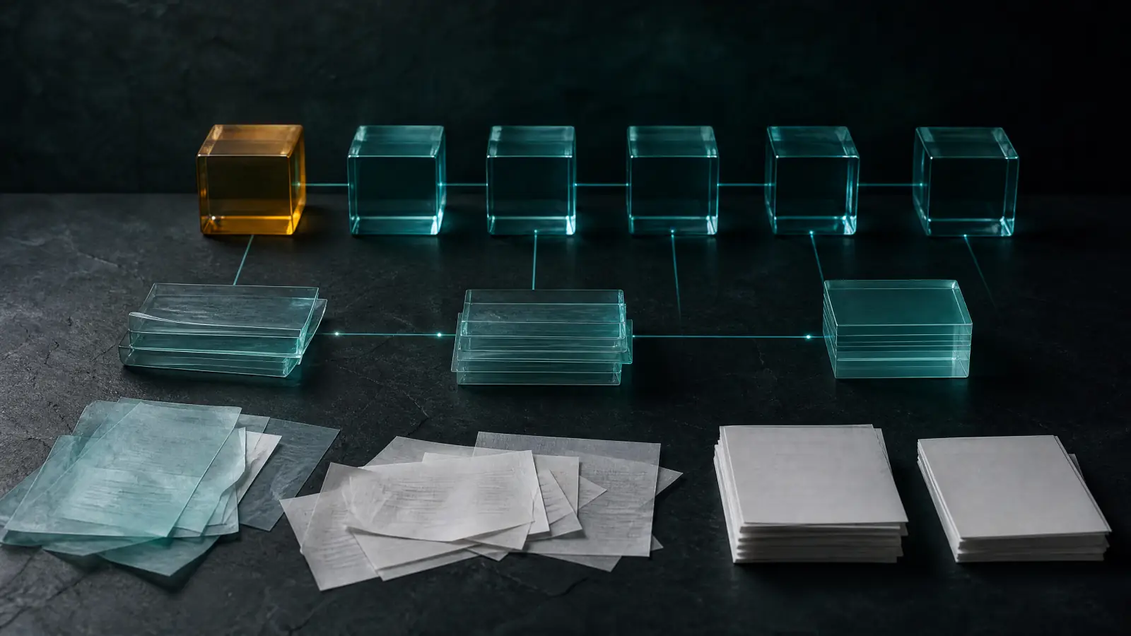 Glass blocks ordered from loose papers into connected cubes