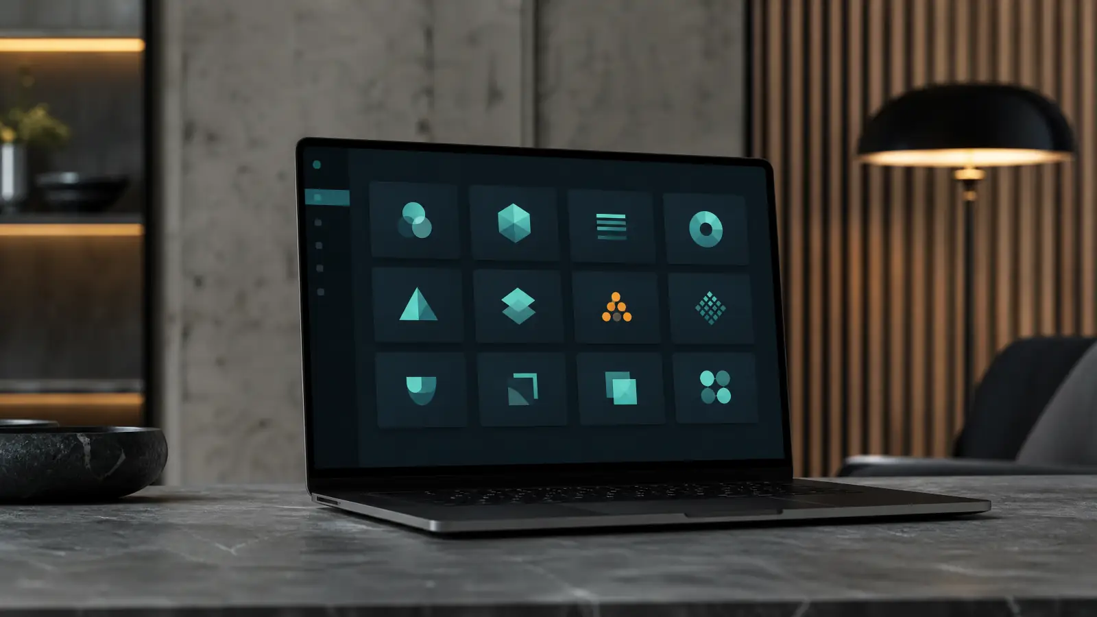 Laptop showing an app catalogue of uniform tiles on a stone desk