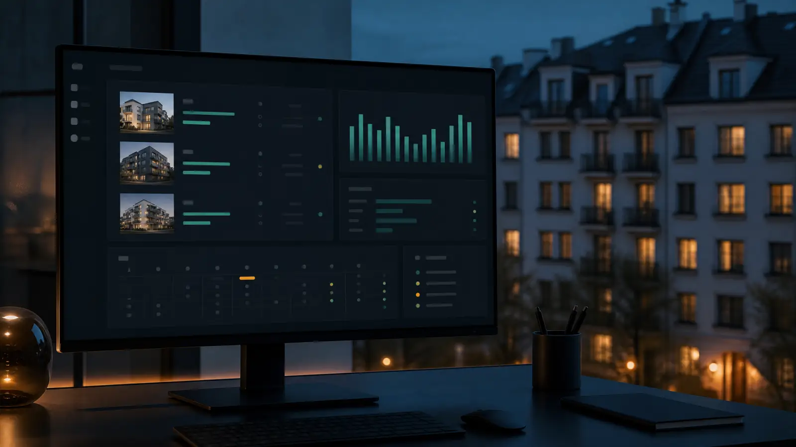 Screen with a portfolio overview, apartment buildings at blue hour behind it