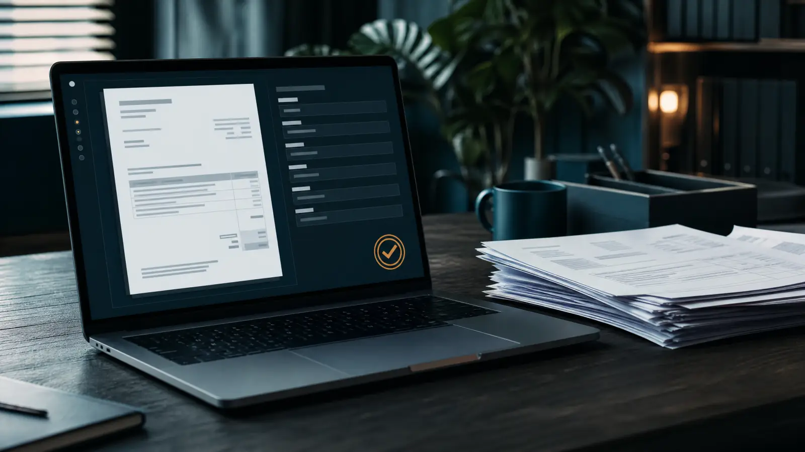 Laptop showing an invoice with extracted fields, a stack of paper invoices beside it