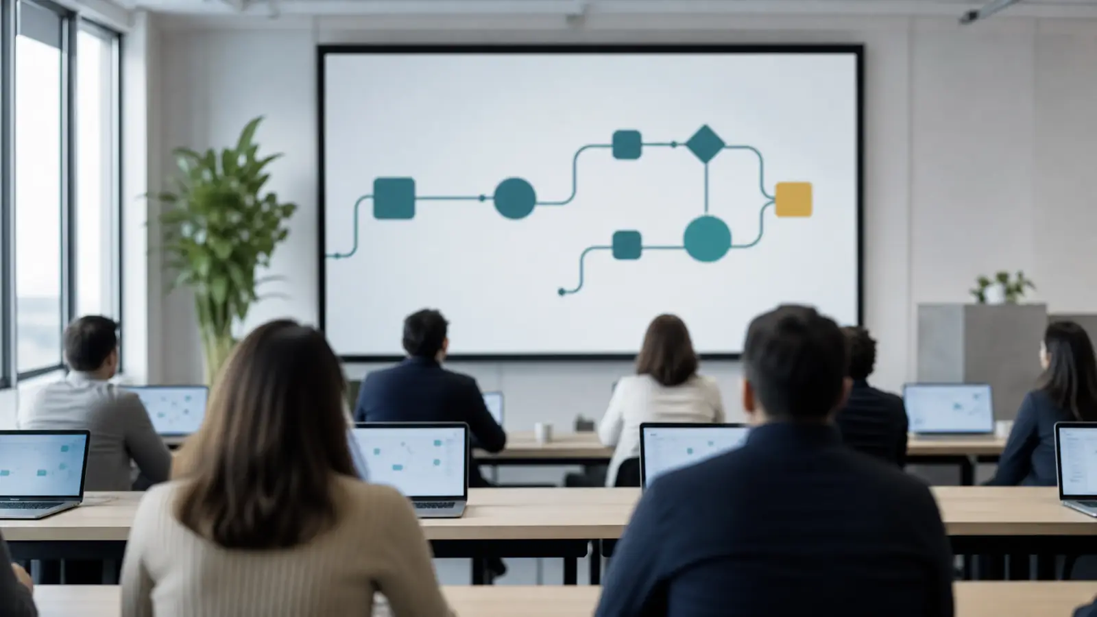 Training room seen from behind, a workflow diagram on the screen
