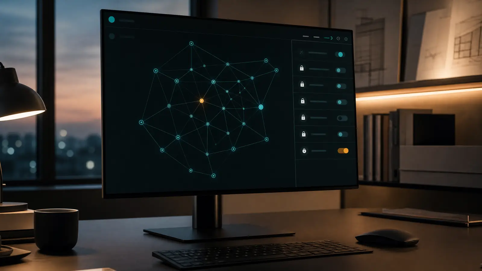 Screen showing a knowledge graph and permission settings in an office at dusk